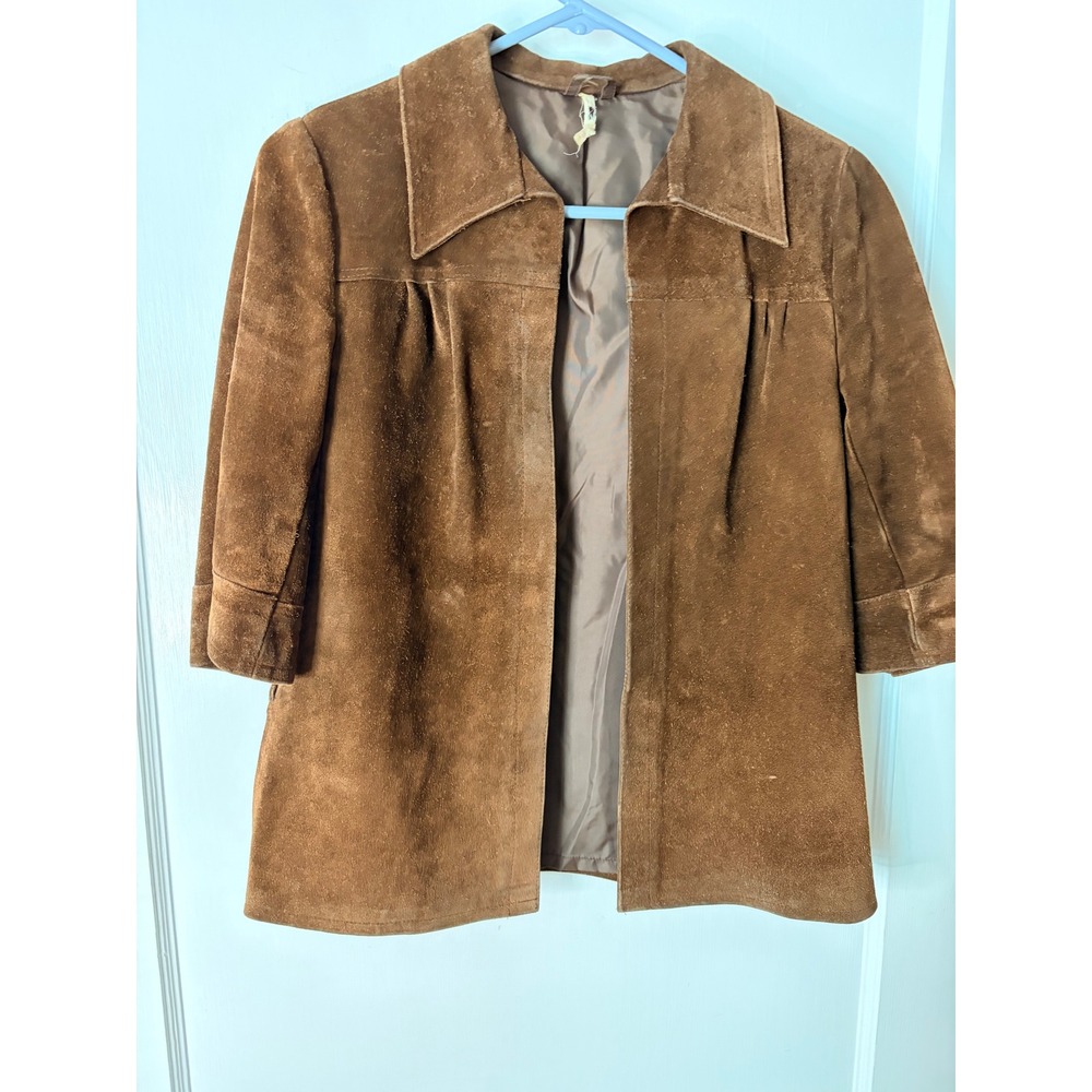 Vintage Kids Brown Suede‎ Leather Jacket Open Front Pleated 70s Style Size 12